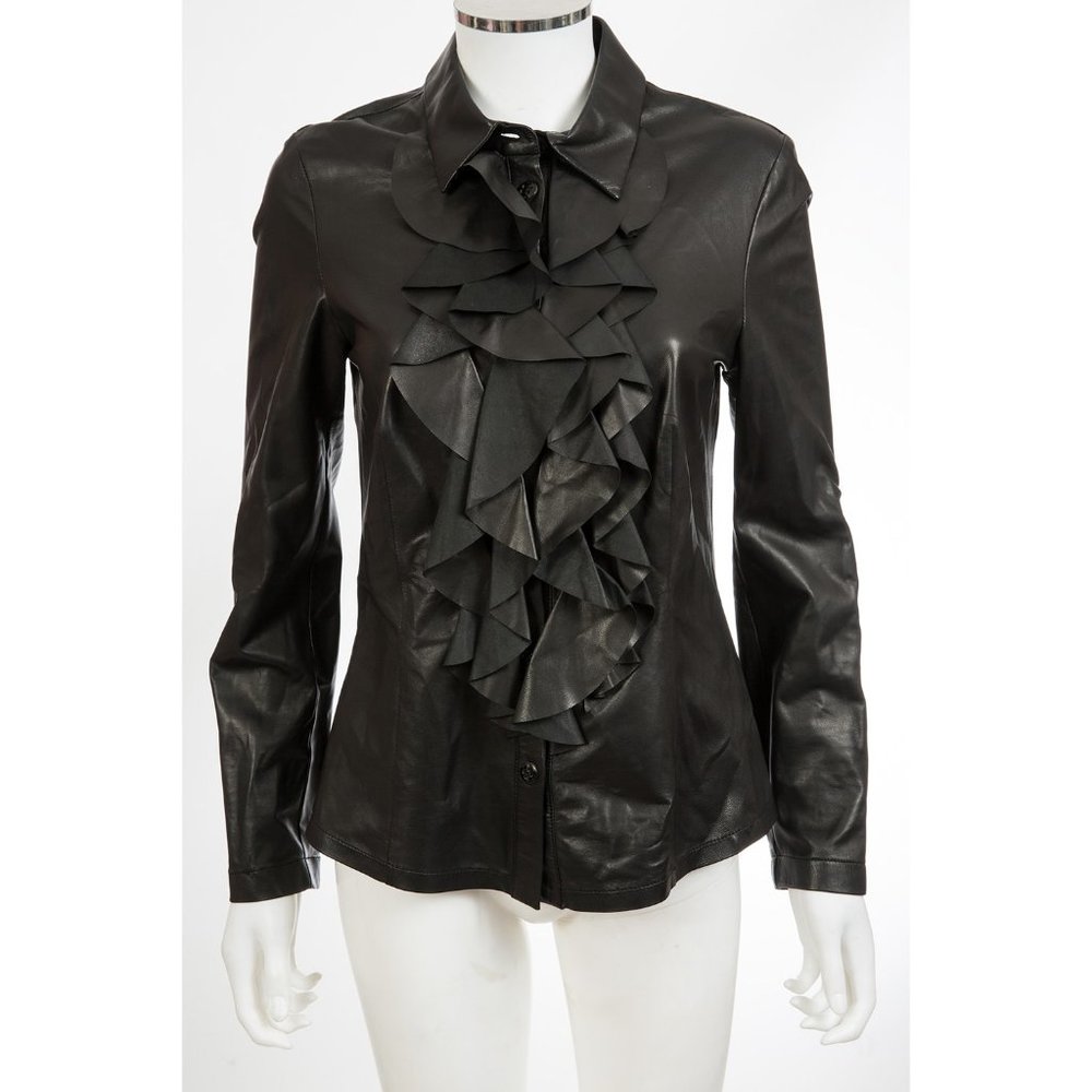 Escada Lambskin Leather Ruffle Front Blouse sz 38 US 6 - 8